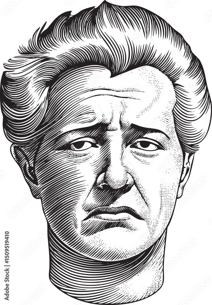 Poster grayscale portrait of a man with furrowed brows and a contemplative expression.
