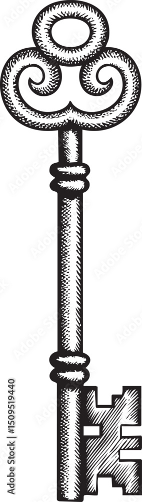 Poster vintage key with an ornate scrolled handle extends vertically from a simple rectangular key.