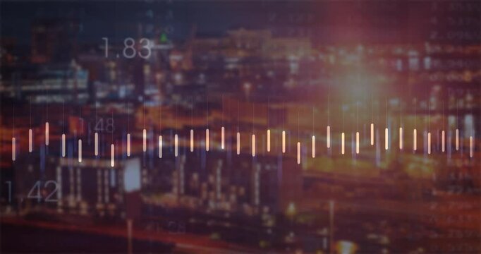 Pulsing bars appearing over nighttime skyline, then drawing orange line chart showing trends