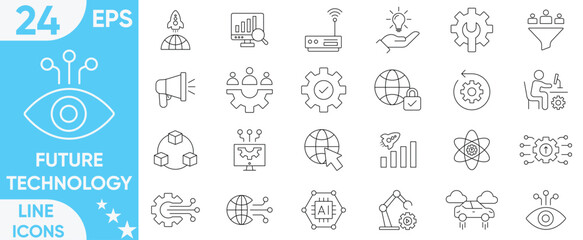 Future technology icons set.artificial intelligence, innovation, smart city, robotics, biotechnology,humanoid, hologram, digital world, high-tech and more.Vector and illustrator set.