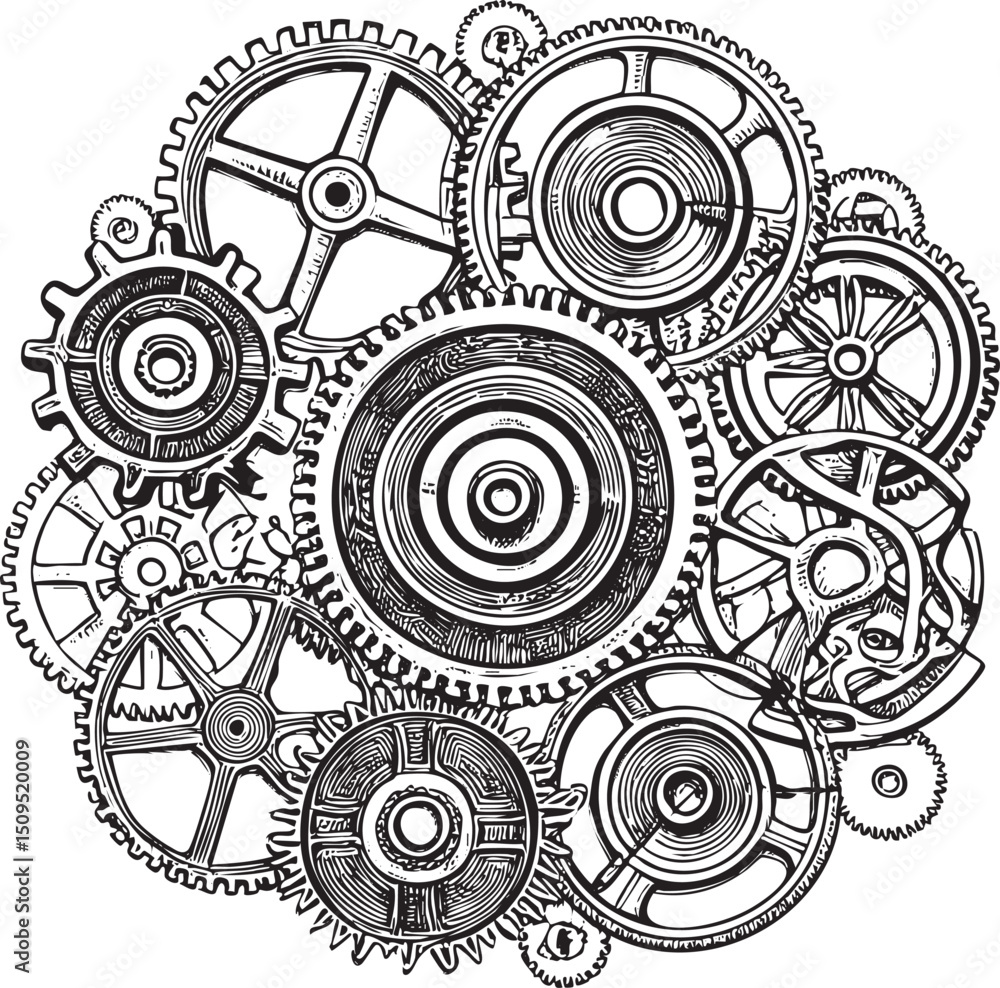 Poster complex arrangement of interlocking gears and cogs creates a detailed mechanical .