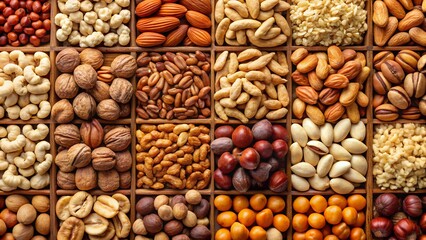 An assortment of mixed nuts displayed in a grid pattern.
