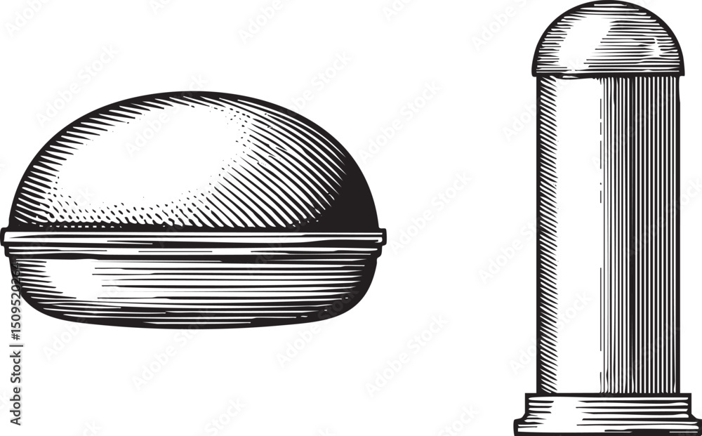 Poster two rounded objects a sphere and a cylinder are depicted in black and white.