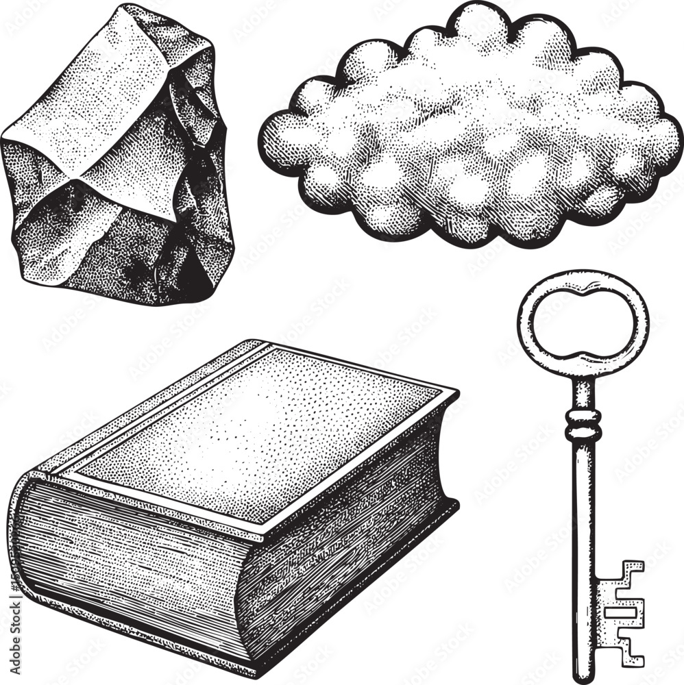 Poster textured stone a cloudy shape and an antique key rest on an open book.