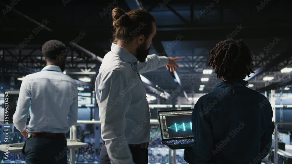 Poster server farm manager overseeing work done by engineer reviewing neural network code and llm visualiza