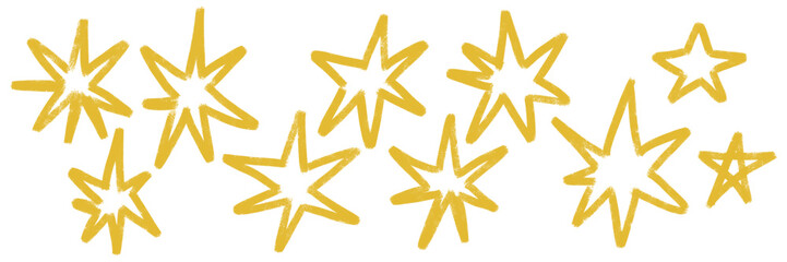 Stars set. Chalk texture kids freehand drawing line shine twinkle. Crayon hand drawn brush stroke scribble spark. Pastel pencil childish school doodle collection. Sketch vector illustration isolated