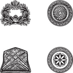 Four intricately patterned circular emblems displayed on a white background.