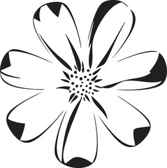 stylized black and white flower displays delicate petals radiating outward from a central point.