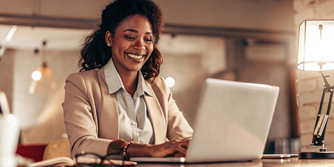 Smiling Business Professional: A captivating businesswoman engages with a laptop, a portrait of focused productivity, radiating a sense of contented work in a well-lit modern office.