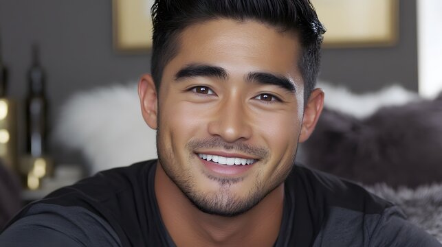 Smiling Asian Man Portrait, Happy Expression, Closeup Face