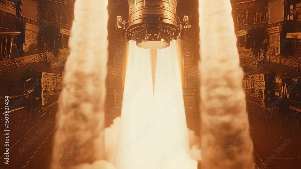 Poster powerful spaceship engines igniting and generating bright beams of light and smoke, preparing for ta