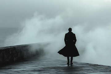 Man standing with a long coat blowing in the wind silhouette