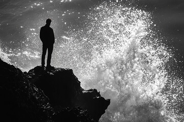 Obraz premium Man standing on a rocky shore