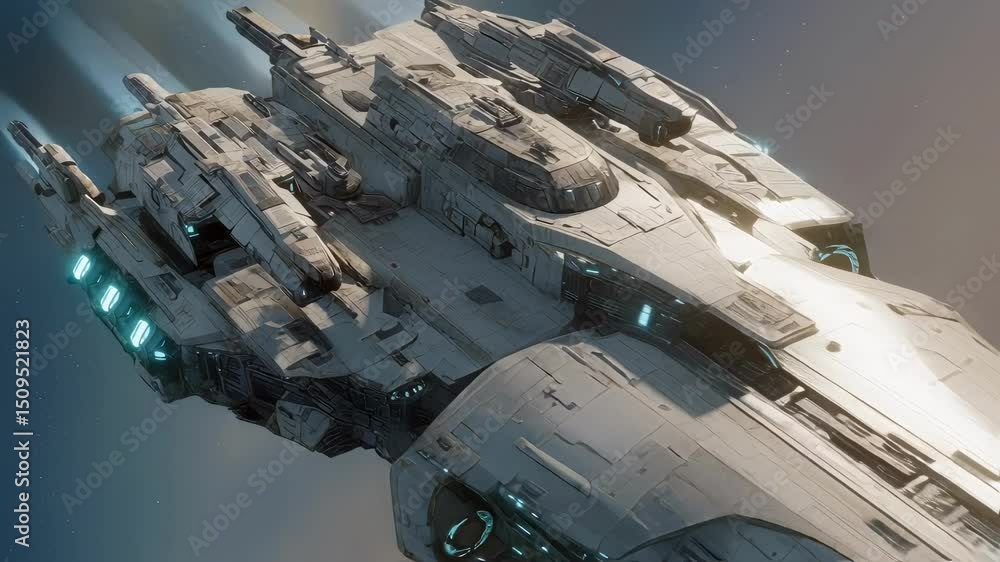 Poster futuristic spaceship navigating through a colorful nebula, emitting trails of light as it gracefully