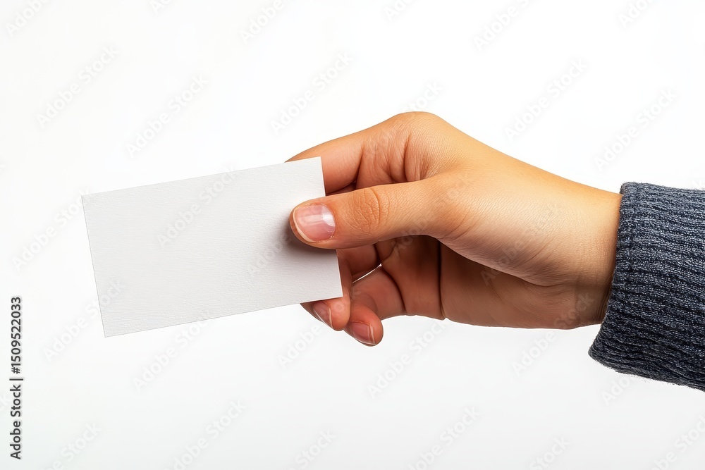 Poster hand holds blank business card with plain background in a minimalistic setting ideal for mockup or d