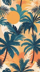 Tropical Paradise Palm Trees and Sunset Seamless Pattern