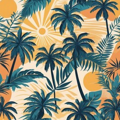 Tropical Paradise Vibrant Palm Tree and Sunburst Seamless Pattern