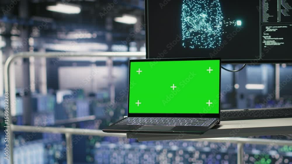 Poster industrial platform workstation in automated data center displaying deep learning code on isolated s