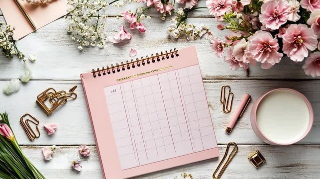 Feminine Workspace: Pink Planner and Floral Arrangement for Effective Time Management