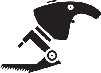 stylized black silhouette of a mechanical bird holding a saw.