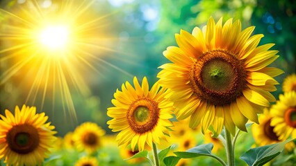 Obraz premium Bright sunflowers on the left against a vibrant green, sun-drenched background with lens flare.