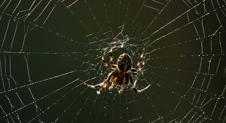 Spider on Intricate Dew Covered Web Backlit Nature Macro Photo