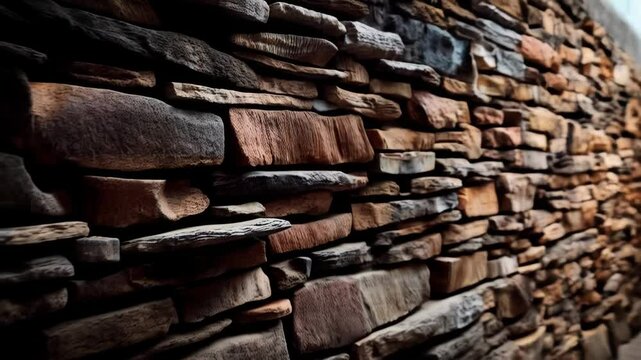 Close-up perspective of a multi-colored stacked stone wall, revealing textures and subtle variations in hue and form, ideal for backgrounds.