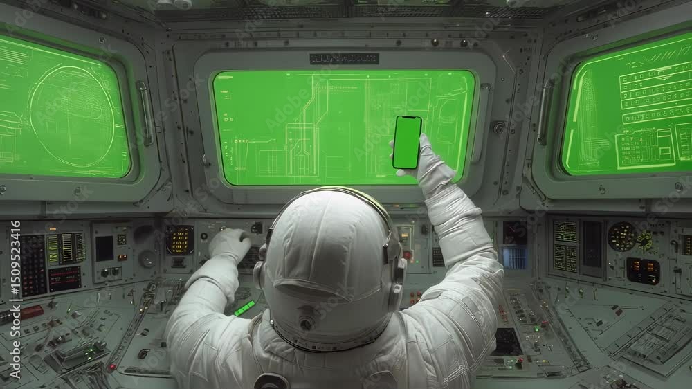 Aufkleber astronaut inside a spaceship control room celebrates a successful mission while holding a smartphone