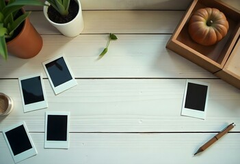 High-resolution top-view of various scattered polaroid elements — vintage photo frames, curled edges, subtle shadows, placed on white wooden desk — realistic, isolated, with copyspace in some frames