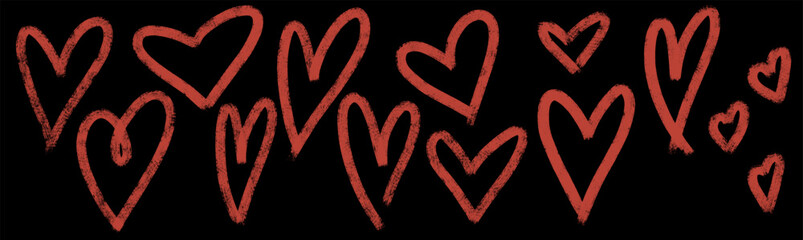 Hand drawn crayon hearts set. Chalk or charcoal kids scribble heart collection. Pencil freehand doodle line love element. Childish valentines brush stroke signs. Vintage paintbrush vector illustration