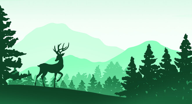 Silhouette vector of a deer standing on a hill surrounded by pine trees and mountains in green tones