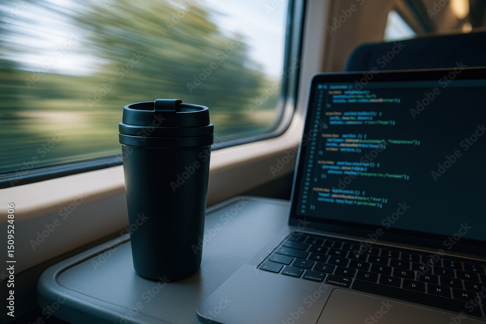 Poster freelancer and ai developer working on code with laptop and coffee cup on train table during travel 