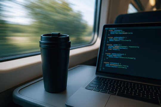 Freelancer and ai developer working on code with laptop and coffee cup on train table during travel time