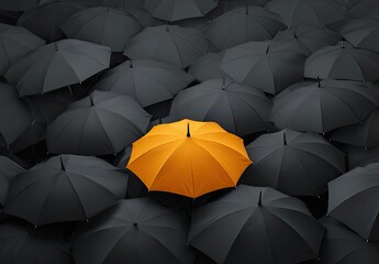A single vibrant orange umbrella stands out amidst a sea of identical dark gray umbrellas