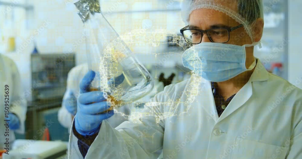 Poster chemical research technician aligning flask into light inspecting amber fluid with network mapping