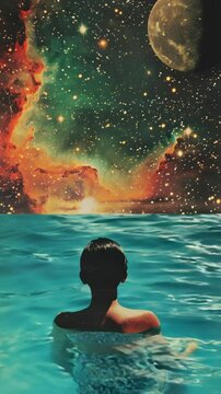 Surreal video concept with a rear-view angle of a person in a pool gazing at a cosmic sky, blending water and space in vibrant colors. Live mobile wallpaper.