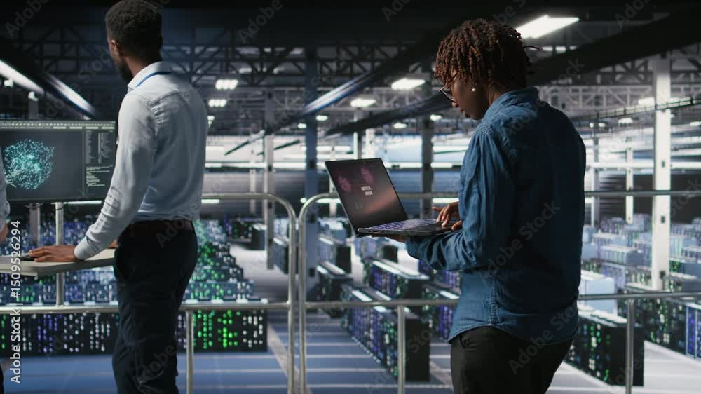 Poster data center software developer panicking after receiving critical error popup on laptop display. afr