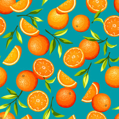 Seamless pattern with citrus orange fruit and green leaves on a blue background. Vector fruit print