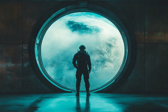 Silhouette of a spaceship captain standing before a massive viewing window