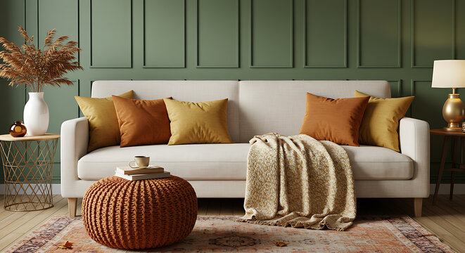 Stylish Modern Living Room Interior Scene with Cozy Sofa, Knitted Pouf and Autumnal Home Decor