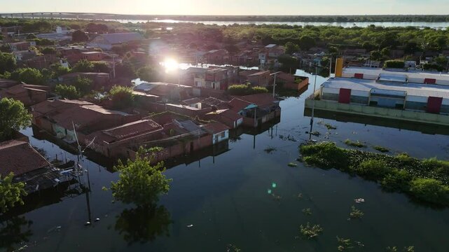 bom jesus da lapa, bahia, brazil - may 19, 2025: Houses are seen submerged by the waters of the Sao Francisco River during flooding in western Bahia.