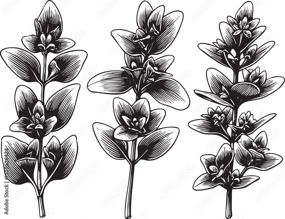 Poster three stylized branches display clusters of small rounded leaves and delicate blooms.