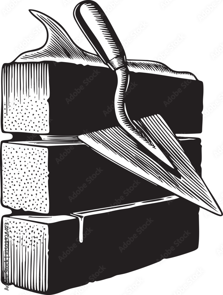 Poster trowel rests on a stack of rectangular bricks.