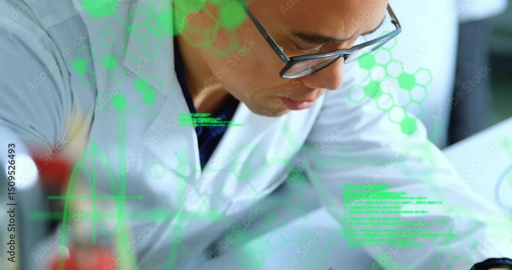 Poster technician bringing test probe to circuit board initiating diagnostics with green hexagon overlays