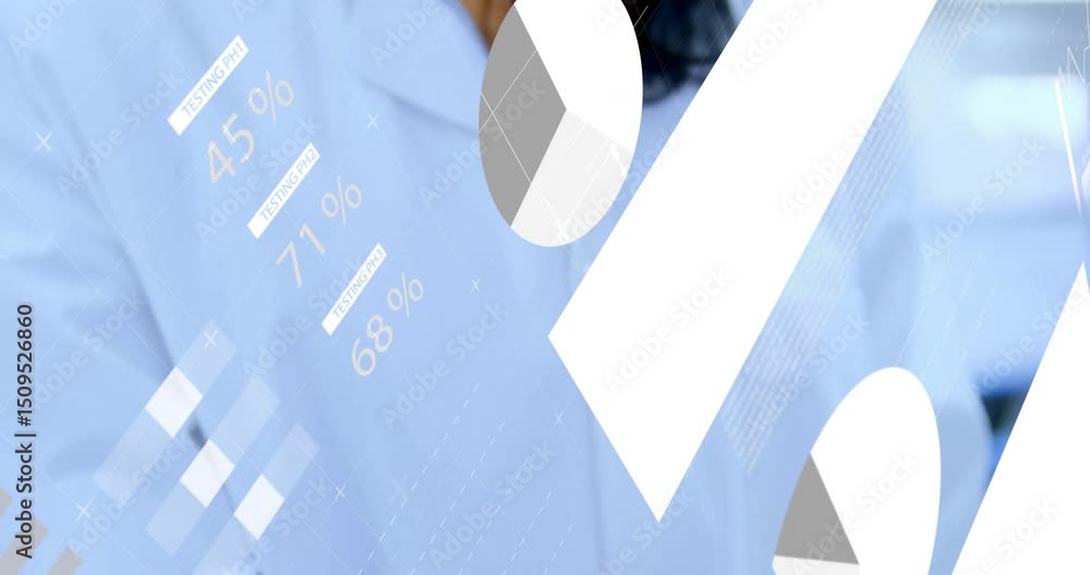 Poster science lab scientist pipetting sample causing chart overlays analyzing data then revealing smile