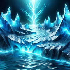 Majestic icy landscape illuminated by a striking blue lightning bolt amidst a calm sea, reflecting shimmering light on the water surface and surrounded by towering ice formations.