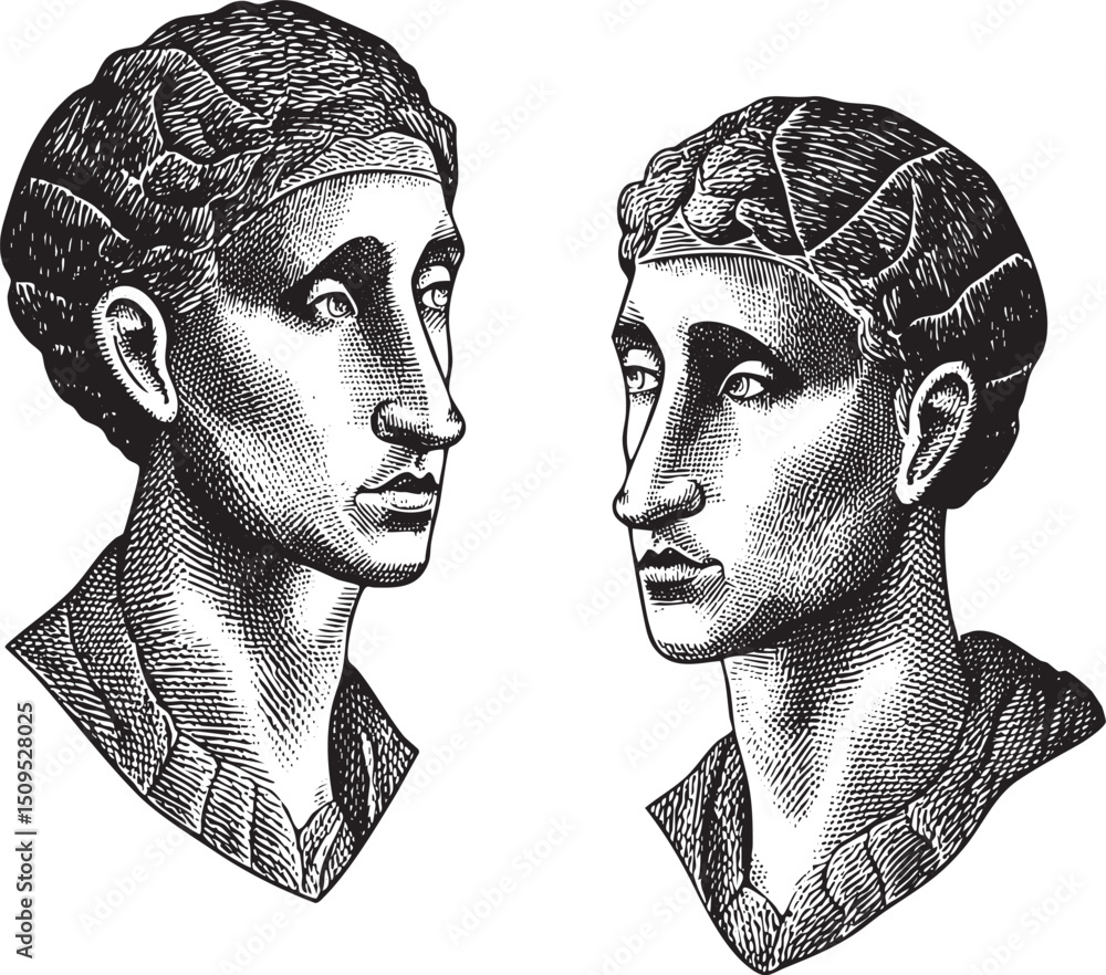 Poster two facing sculpted heads display classical features.