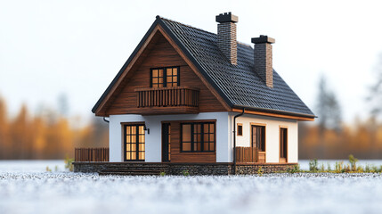 charming house with wooden exterior and cozy balcony, surrounded by nature beauty