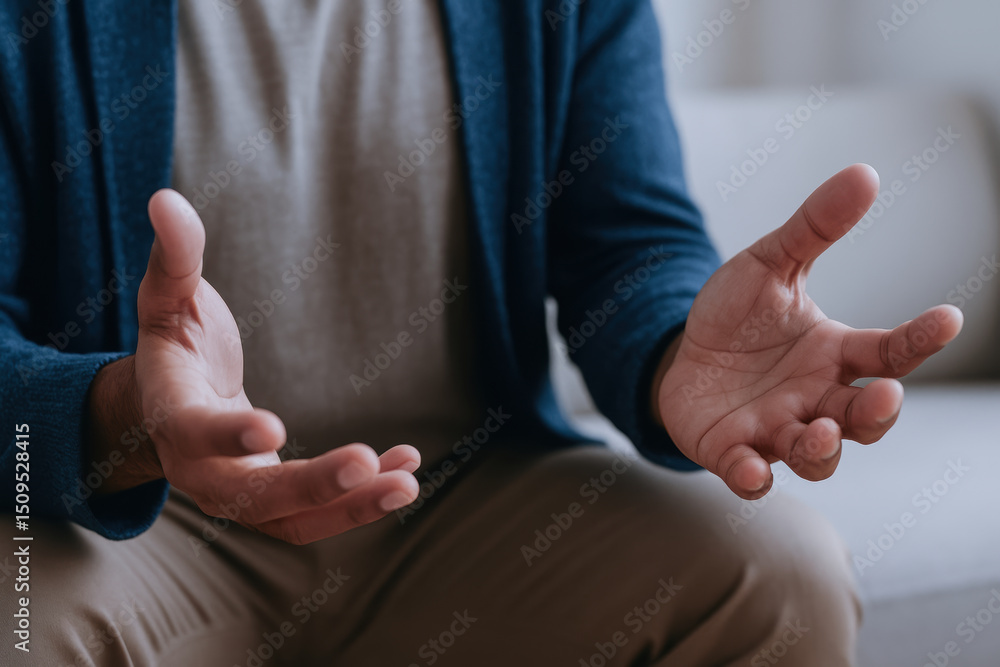 Poster person expressing emotional intelligence with open hands offering support and understanding in calm 