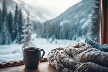 A steaming mug rests on a windowsill beside a pile of cozy knit sweaters, overlooking a snowy mountain vista